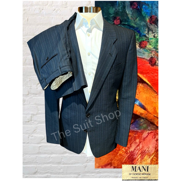 Mani Giorgio Armani 40R 30x33 Slim Mens Navy Blue Royal Stripe Designer Suit - Picture 1 of 16